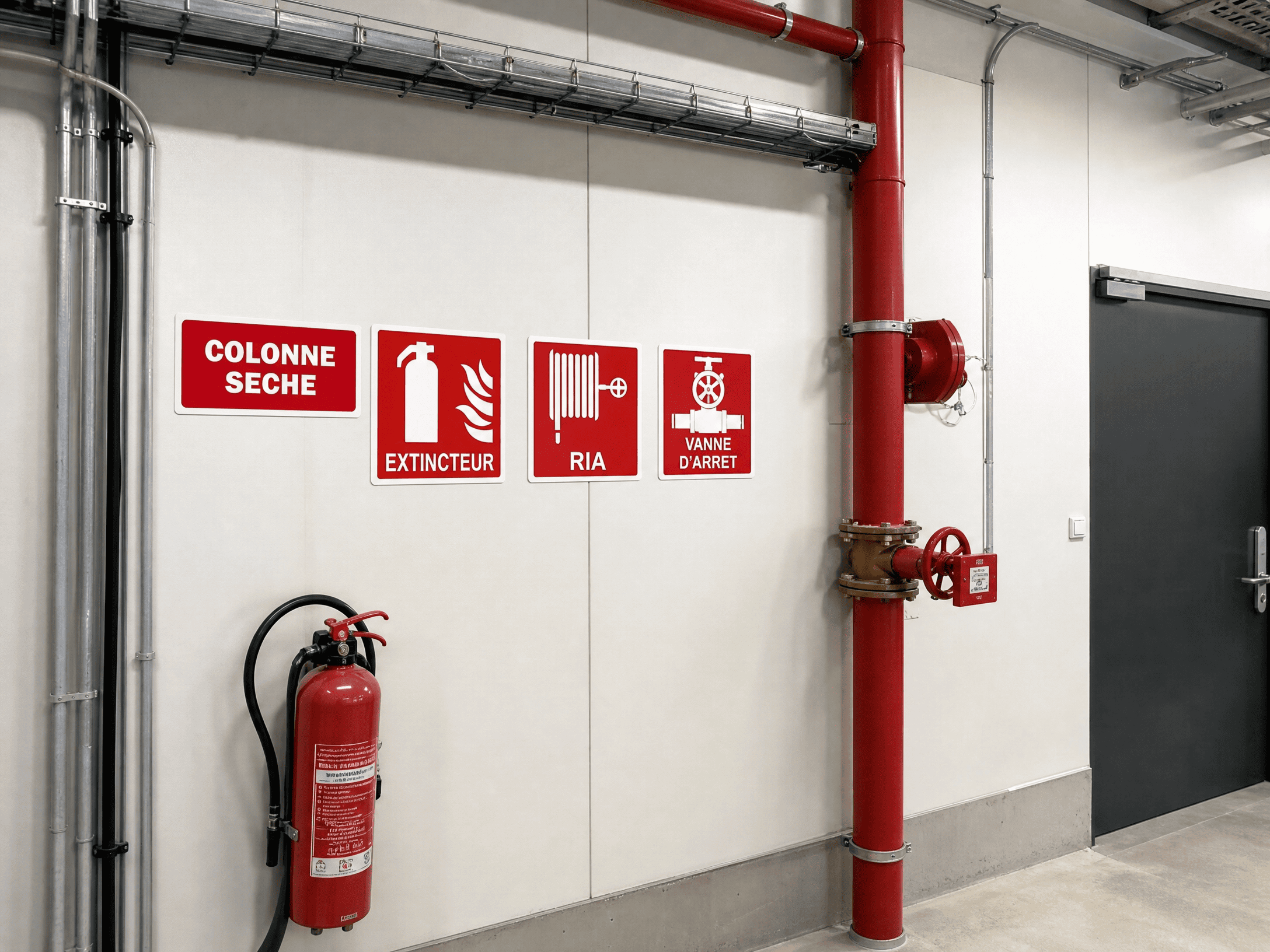 Signal&eacute;tique incendie rouge ISO 7010 regroup&eacute;e dans un local technique